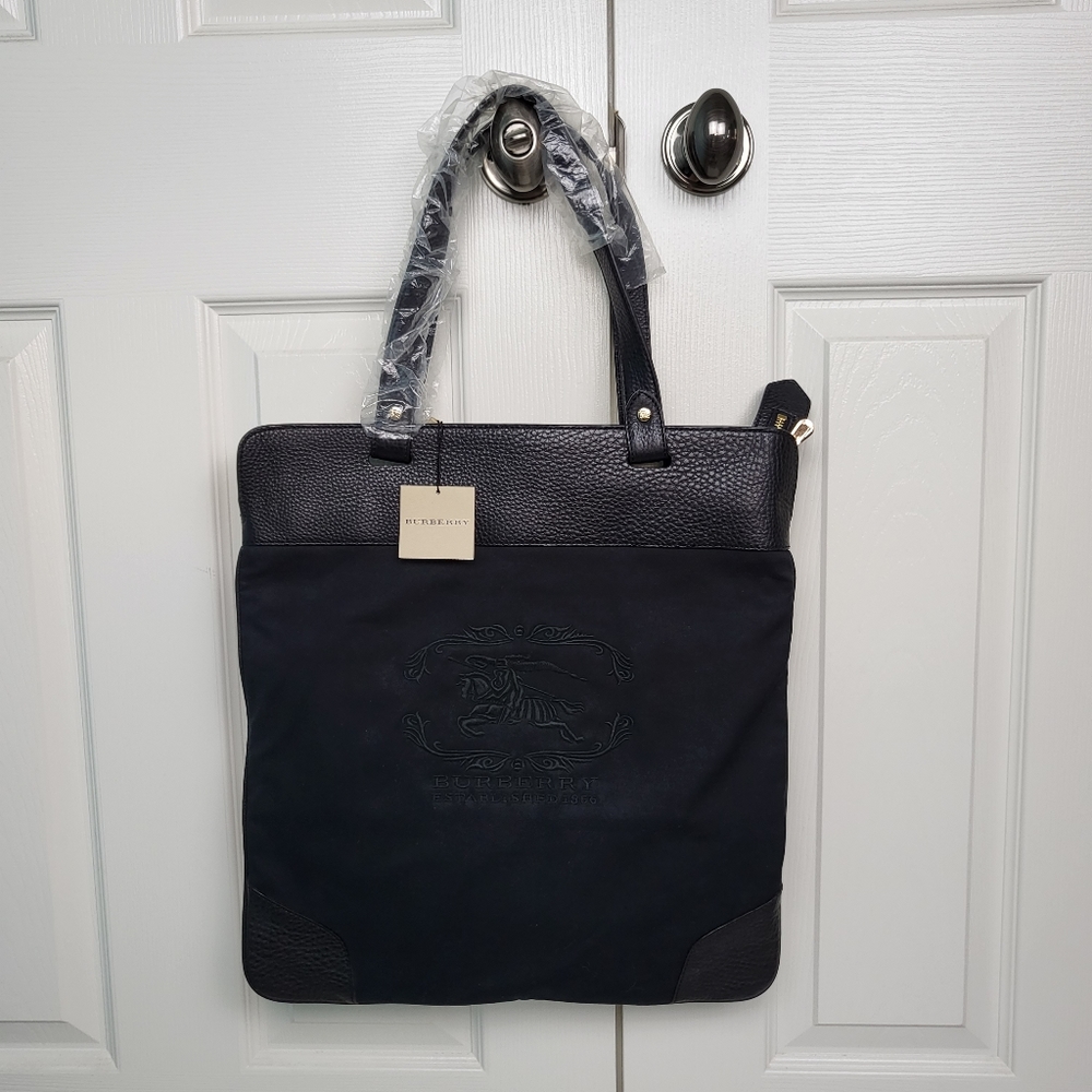 NWT BURBERRY Black Canvas Leather Logo BSX Stowell Travel Tote Bag Purse